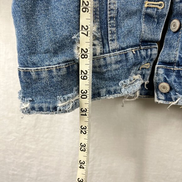 Zara TRF Denim Wear Distressed Long Jacket Womens Small S Slouchy Punk Faux Fur‎ - Picture 15 of 16